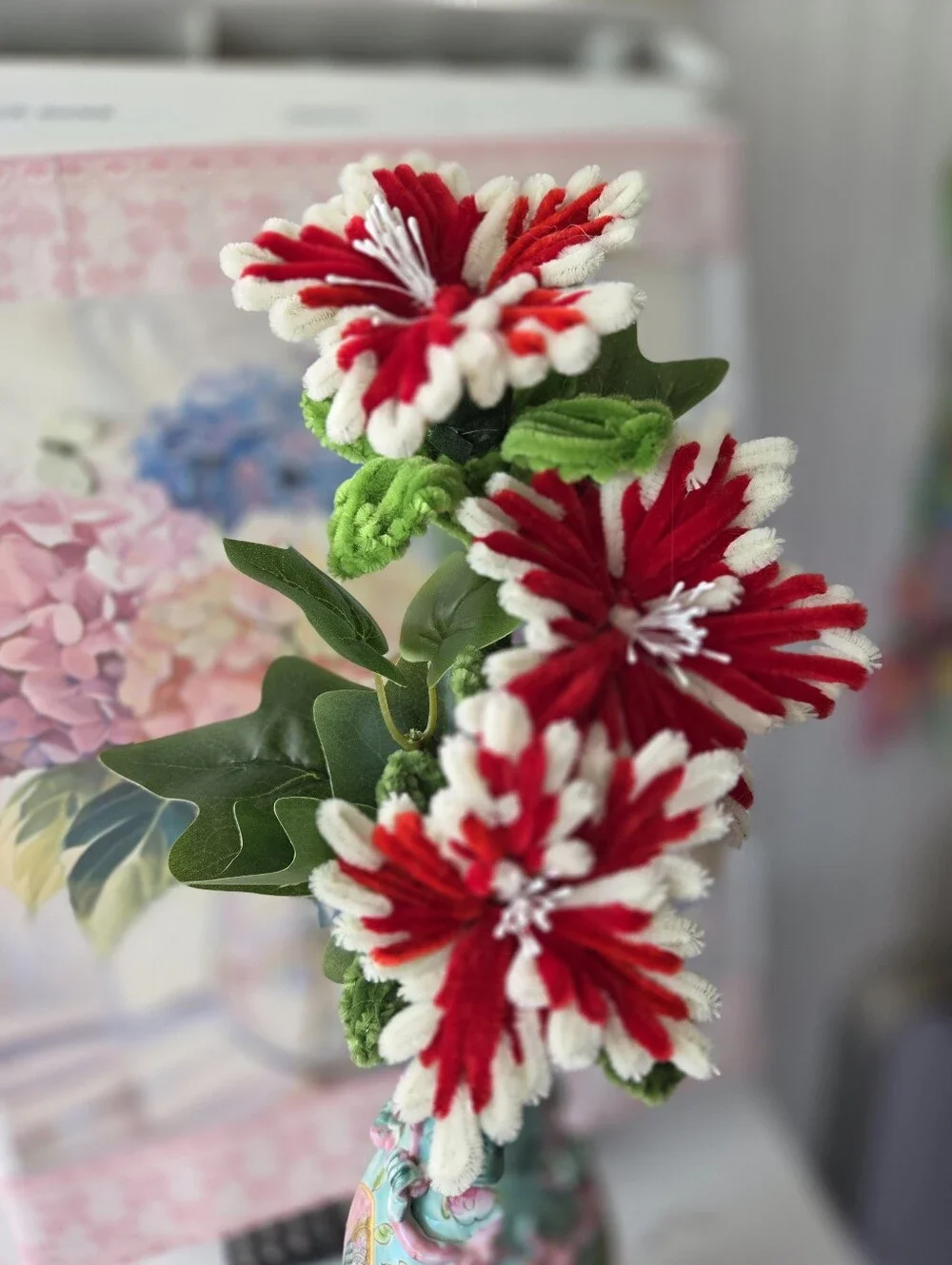 Hand Made Exotic 3 Red & White Faux Floral Stem Arrangement beautiful